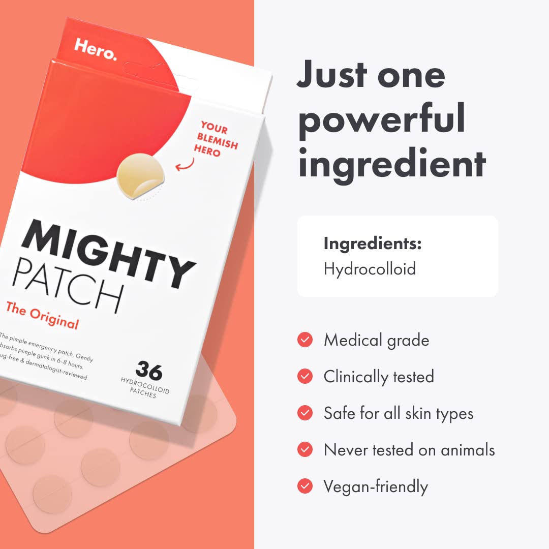 Mighty Patch Original from Hero Cosmetics Hydrocolloid Acne Pimple Patch for Covering Zits and Blemishes Spot Stickers for Face and Skin Vegan friendly 5