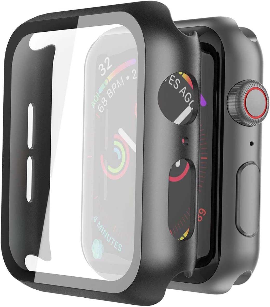 Misxi 2 Pack Hard PC Case with Tempered Glass Screen Protector Compatible with Apple Watch Series 6 SE Series 5 Series 4 44mm Black